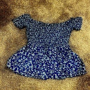 Blue , white, off the shoulder, juniors top , very stretchy